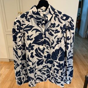 100% Silk Vintage Navy & White Floral Button-Down Blouse
